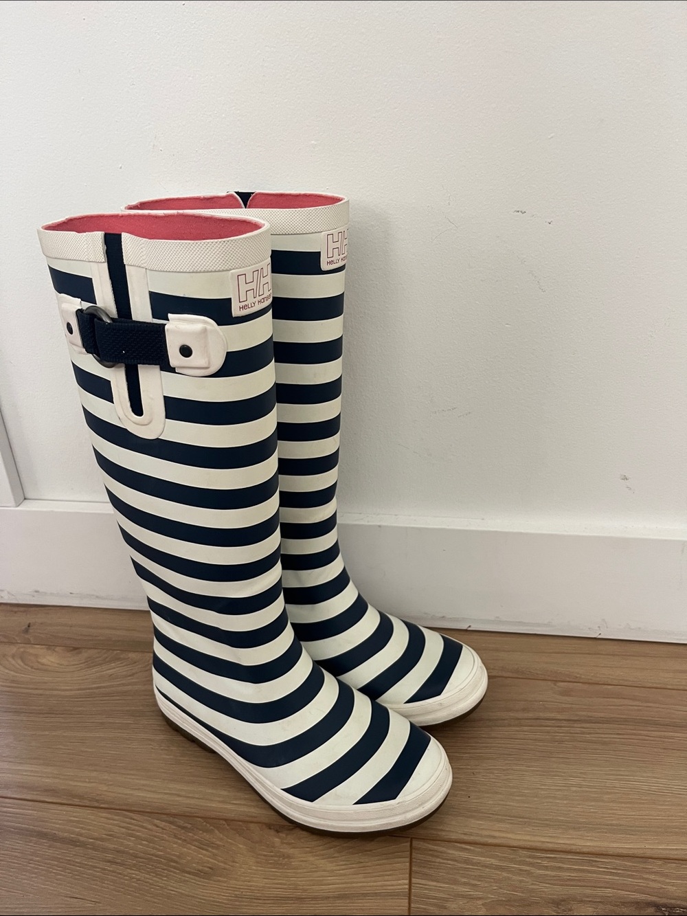Helly Hansen Navy and off White Striped Rain Boots with Pink Lining.
